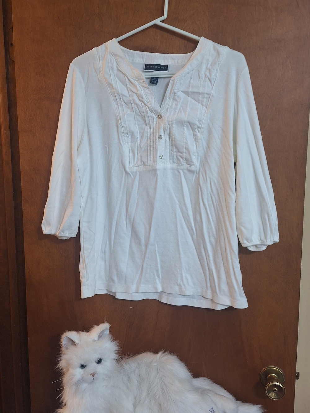 Karen Scott Cream Pintuck Henley Tunic